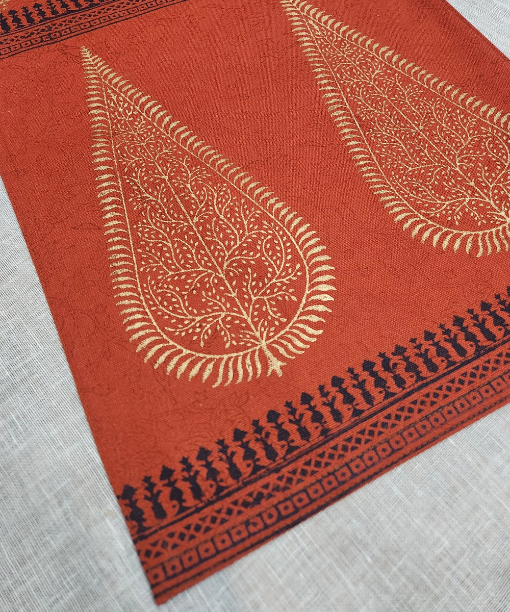 6 Seater Burnt Orange Hand Block Printed Cotton Canvas Table Runner (13 x 84 Inches)