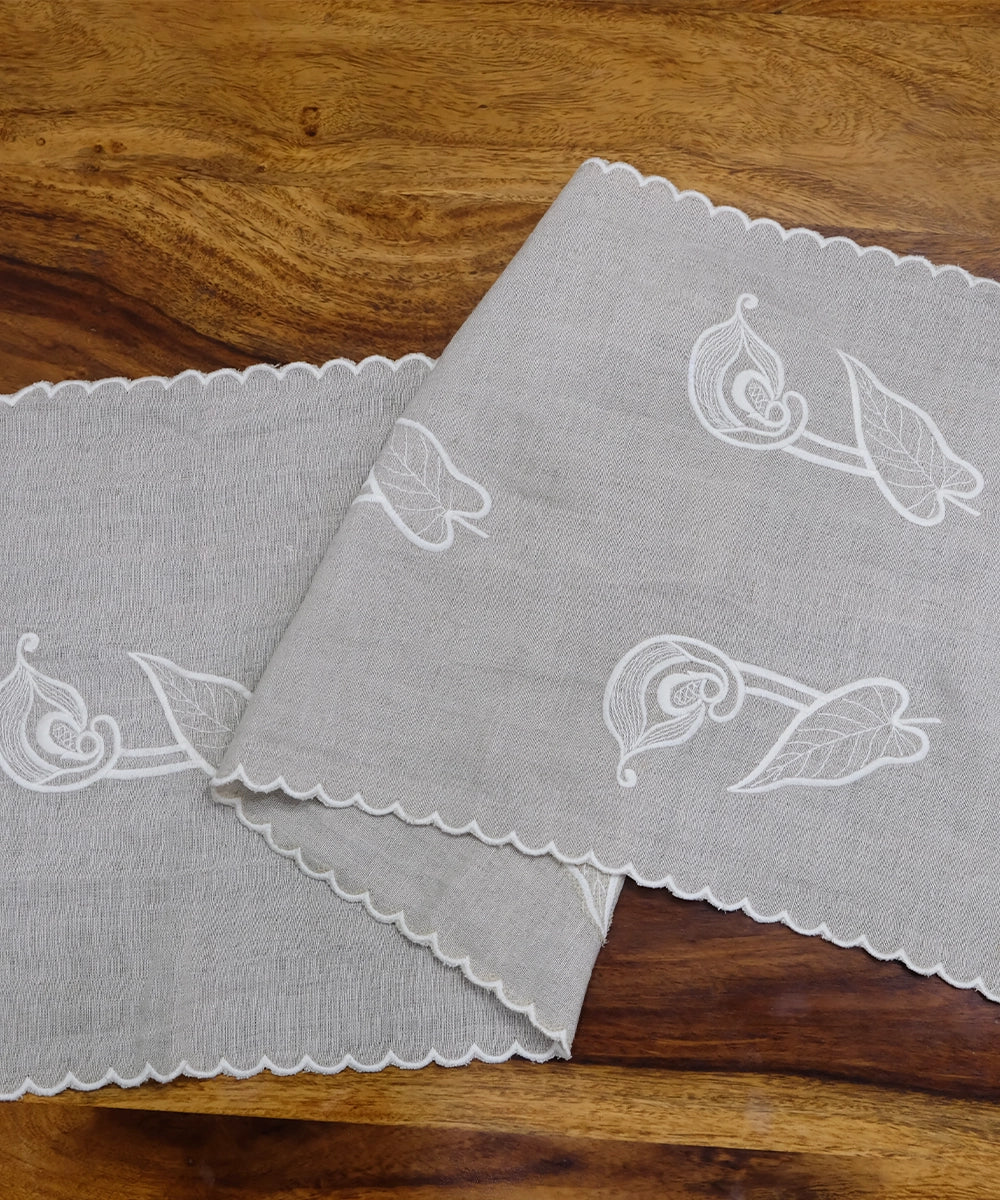 Set of 6 pcs Natural Beige Embroidered Cutwork Pure Linen Table Mats with 1 pc 6 seater Table Runner