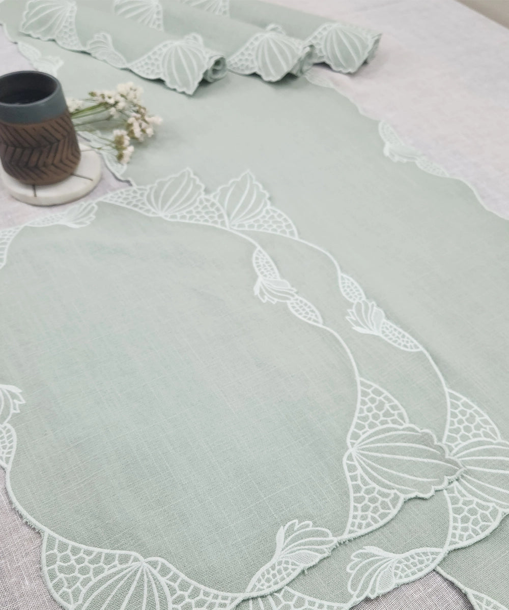 Set of 6 pcs Dusty Green Embroidered Cutwork Cotton Slub Table Mats with 1 pc 6 seater Table Runner