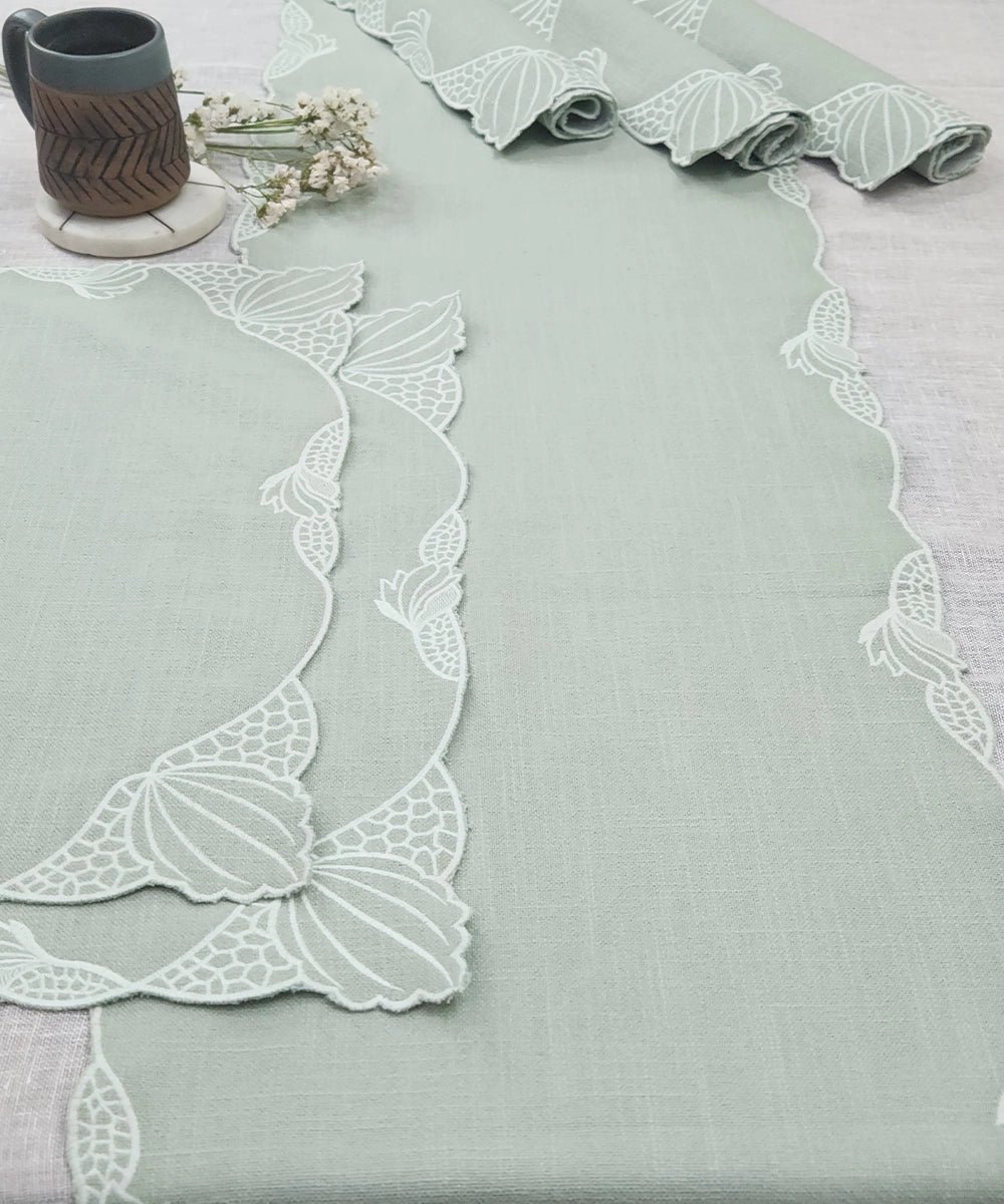 Set of 6 pcs Dusty Green Embroidered Cutwork Cotton Slub Table Mats with 1 pc 6 seater Table Runner