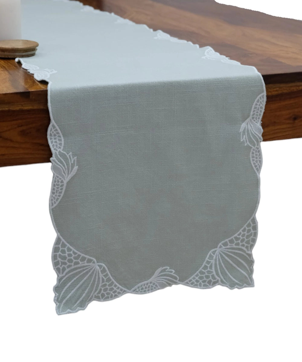 Set of 6 pcs Dusty Green Embroidered Cutwork Cotton Slub Table Mats with 1 pc 6 seater Table Runner