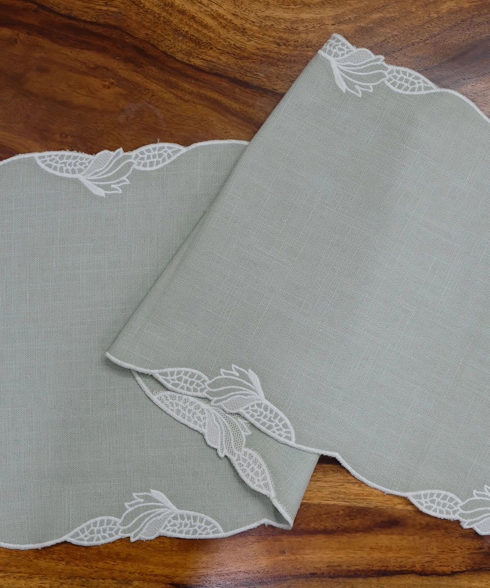 Set of 6 pcs Dusty Green Embroidered Cutwork Cotton Slub Table Mats with 1 pc 6 seater Table Runner