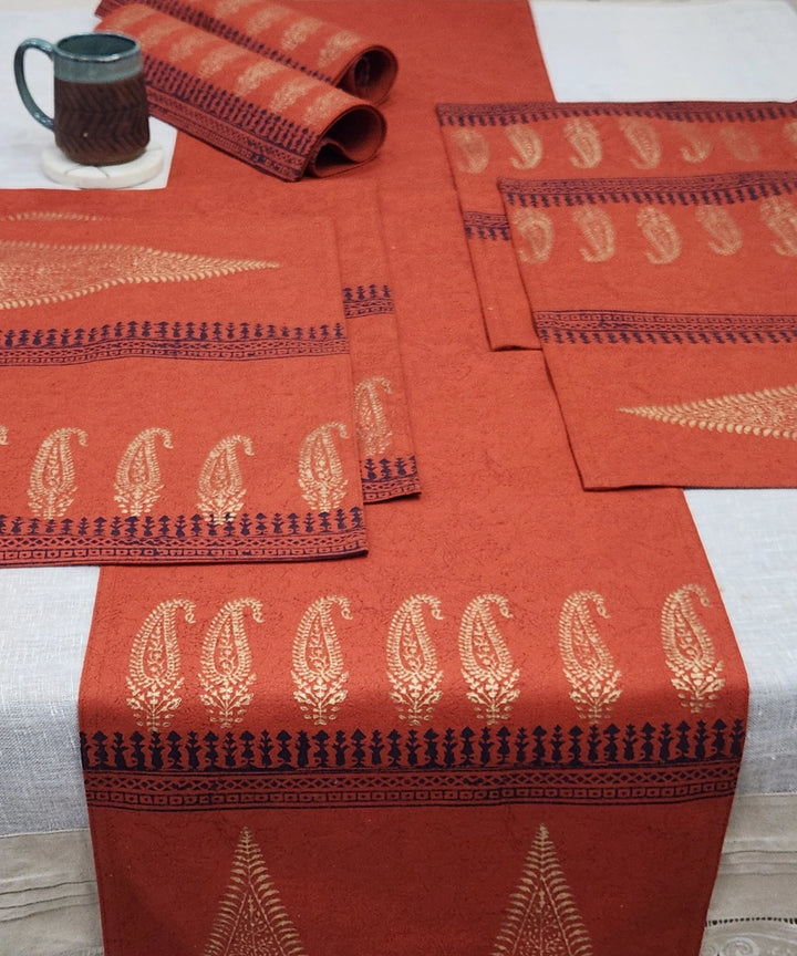 Set of 6 pcs Burnt Orange hand block printed cotton canvas Table Mats with 1 pc 6 seater Table Runner