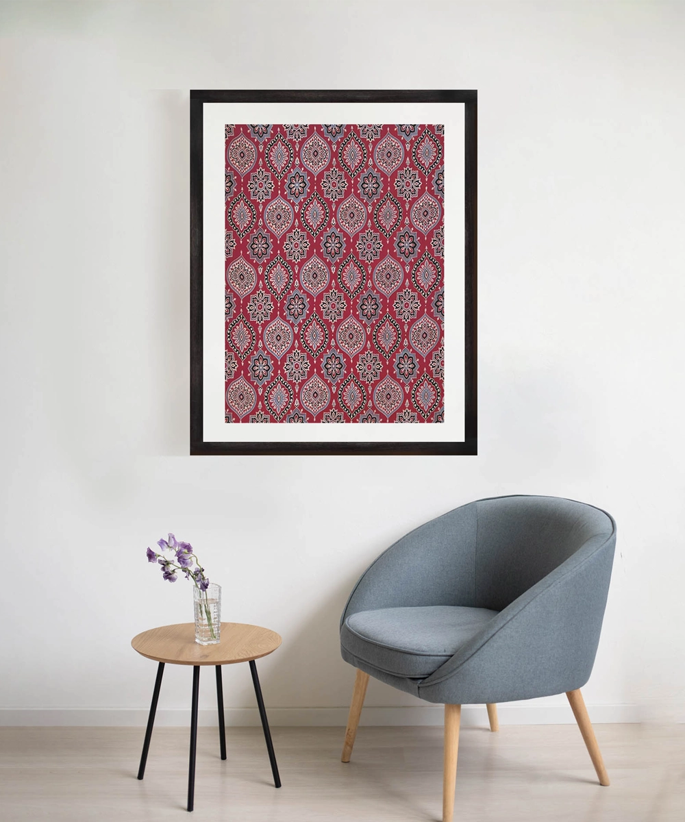 Moroccan Red Ajrakh Printed Textile Wall Art (25"x19") Unframed