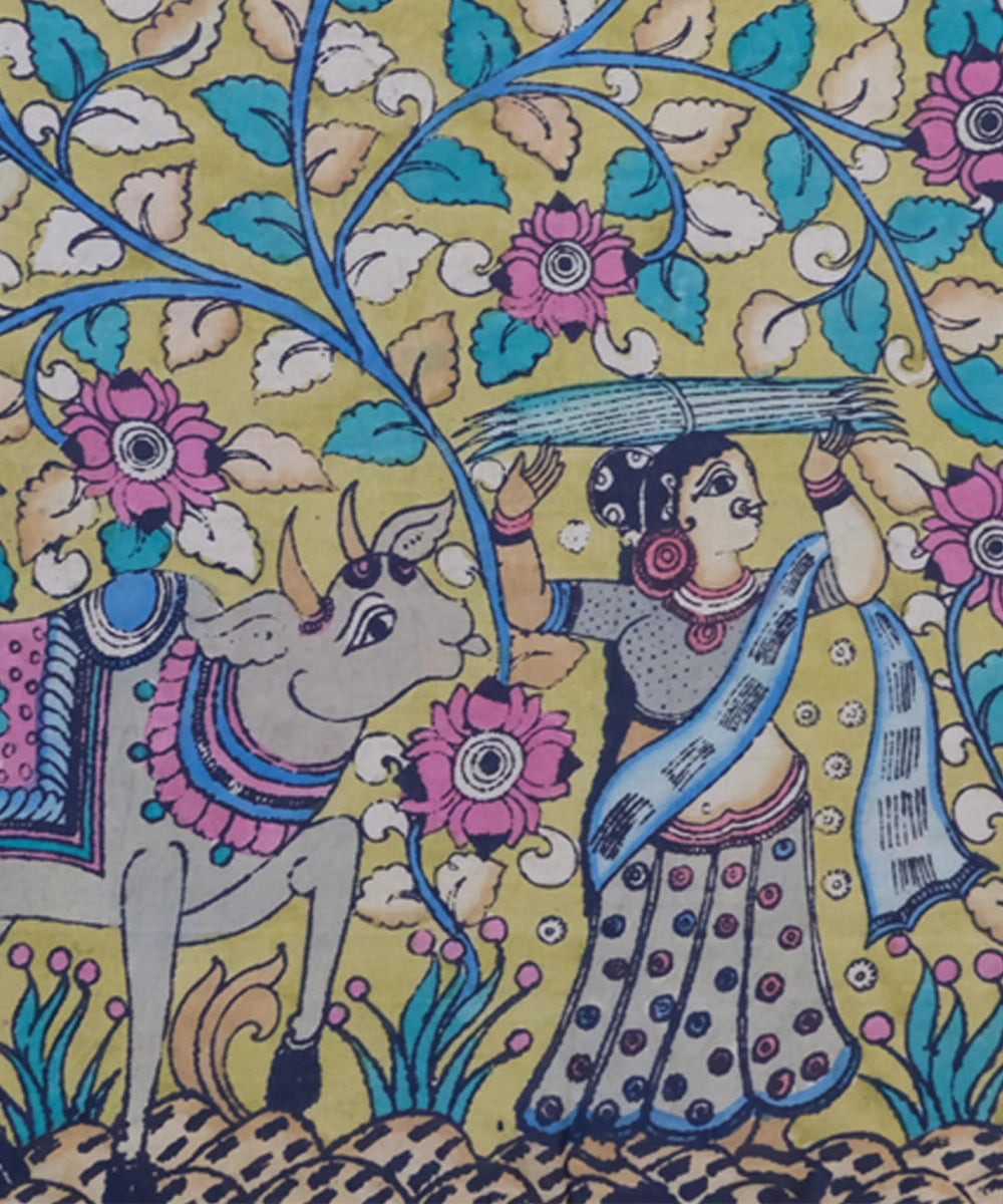 Kalamkari Painting On Silk Cloth| Lady with Cow | 29x28.5 Inches | Unframmed