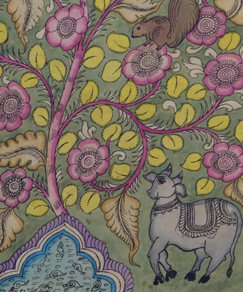 Kalamkari Painting On Silk Cloth| Cow with Peacock & Squirrel | 30.5 x 29 Inches | Unframmed